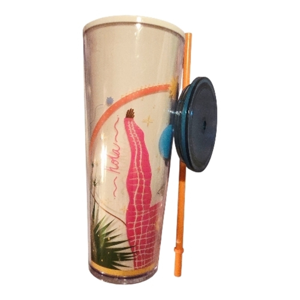 Starbucks Hola Manuela Vented Cold Cup Tumbler Orange Straw Rare 24 oz